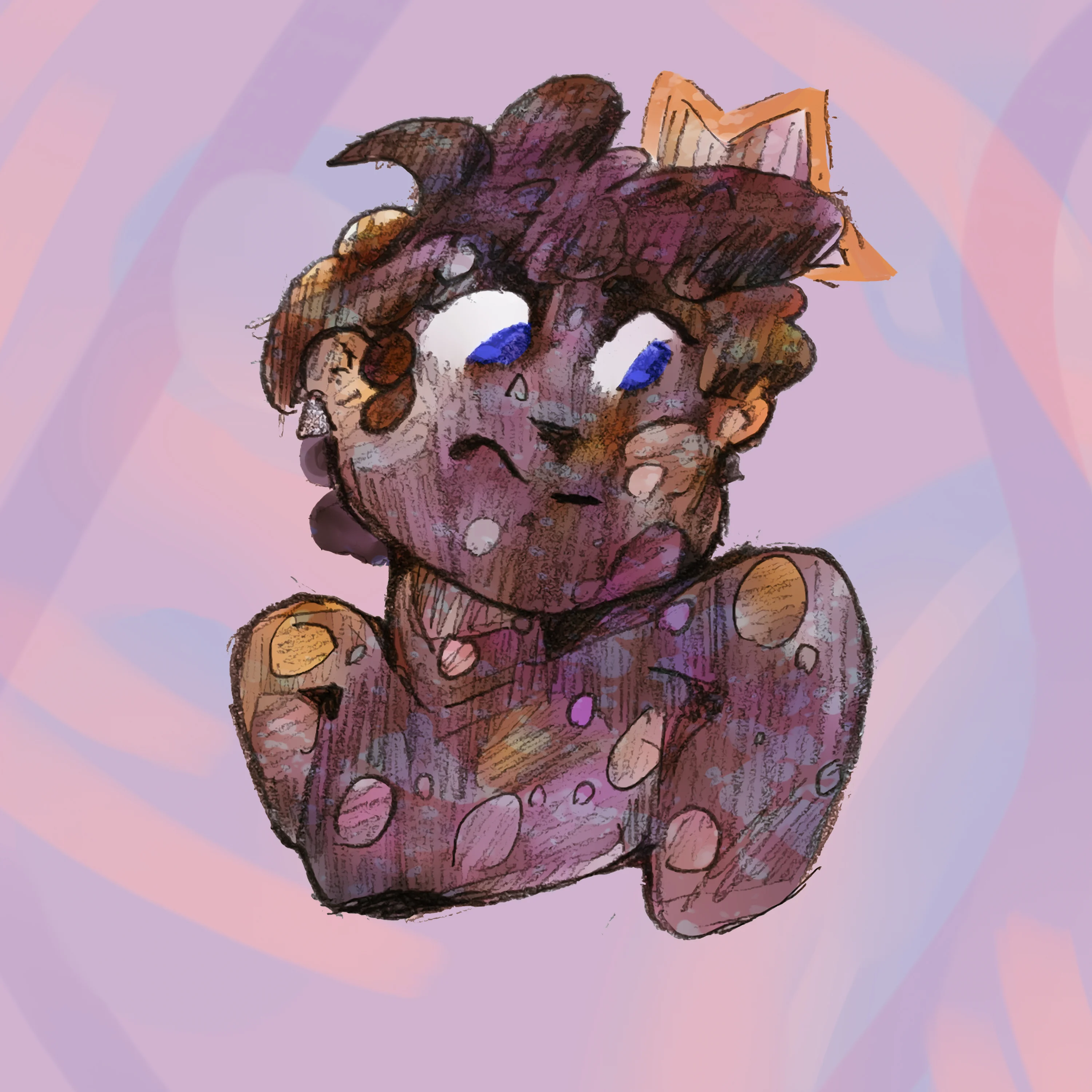 A quirky digital doodle of a cartoonish, purple-skinned character with big blue peepers and curly hair, topped with a yellow crown. The character sports a patchwork of different textures and colors, adding a wild, playful vibe. The backdrop features a soft, pastel pink and purple swirl.